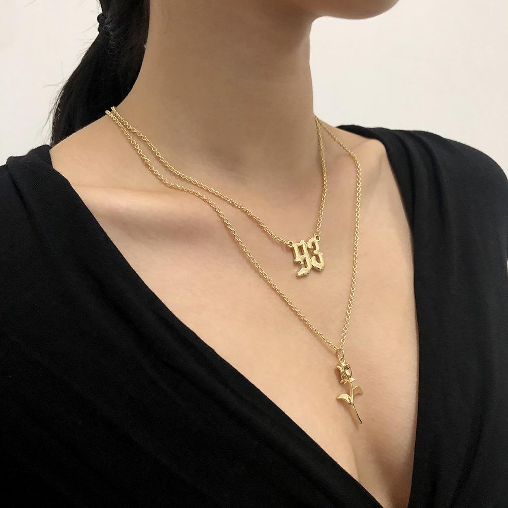 N8112 Jewelry Retro Creative Double Layer Digital Clavicle Chain Temperament Versatile Rose Fashion Necklace