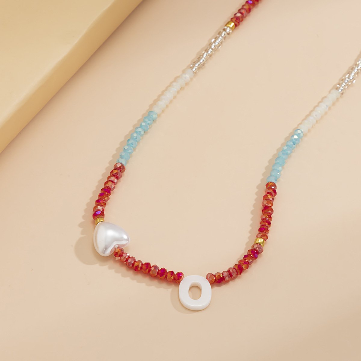 Simple peach heart imitation pearl letter necklace choker color crystal beaded clavicle necklace