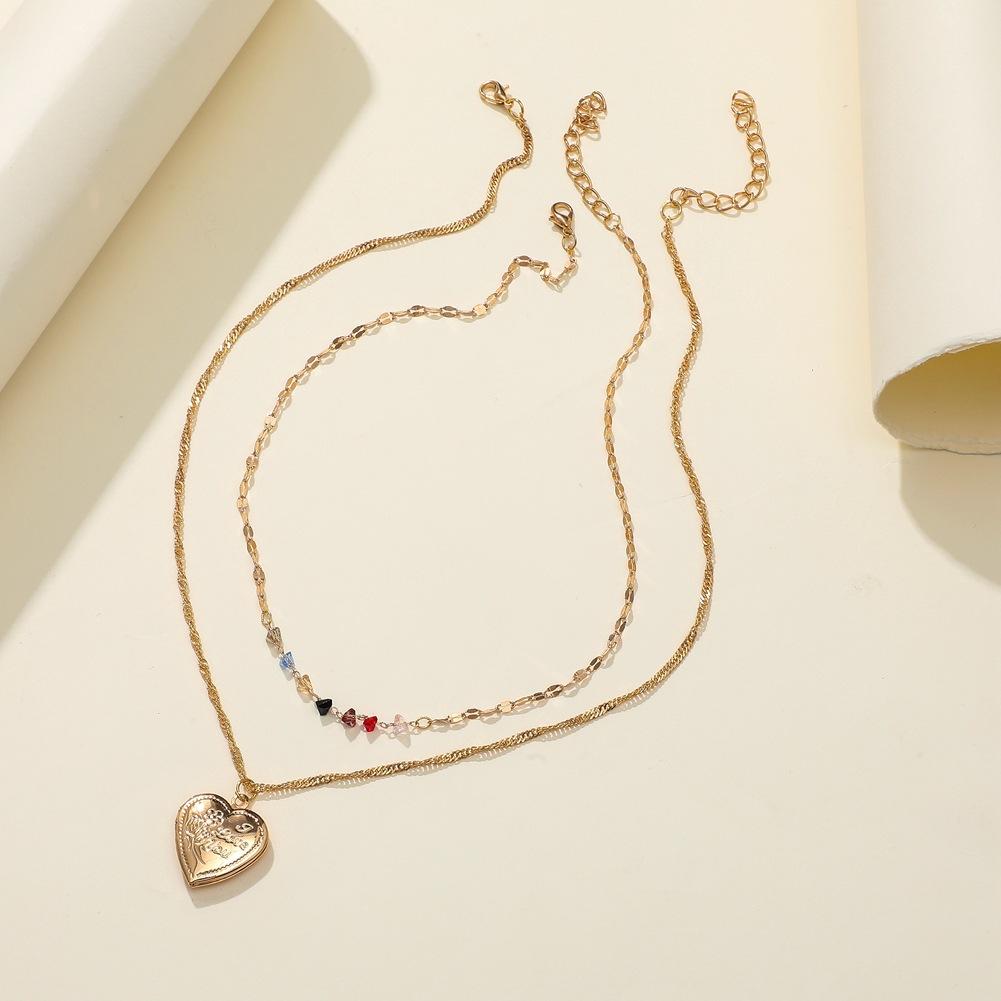 Love Color Diamond Clavicle Necklace Creative Rose Fashion Metal Peach Heart Combination Double Stacked Necklace