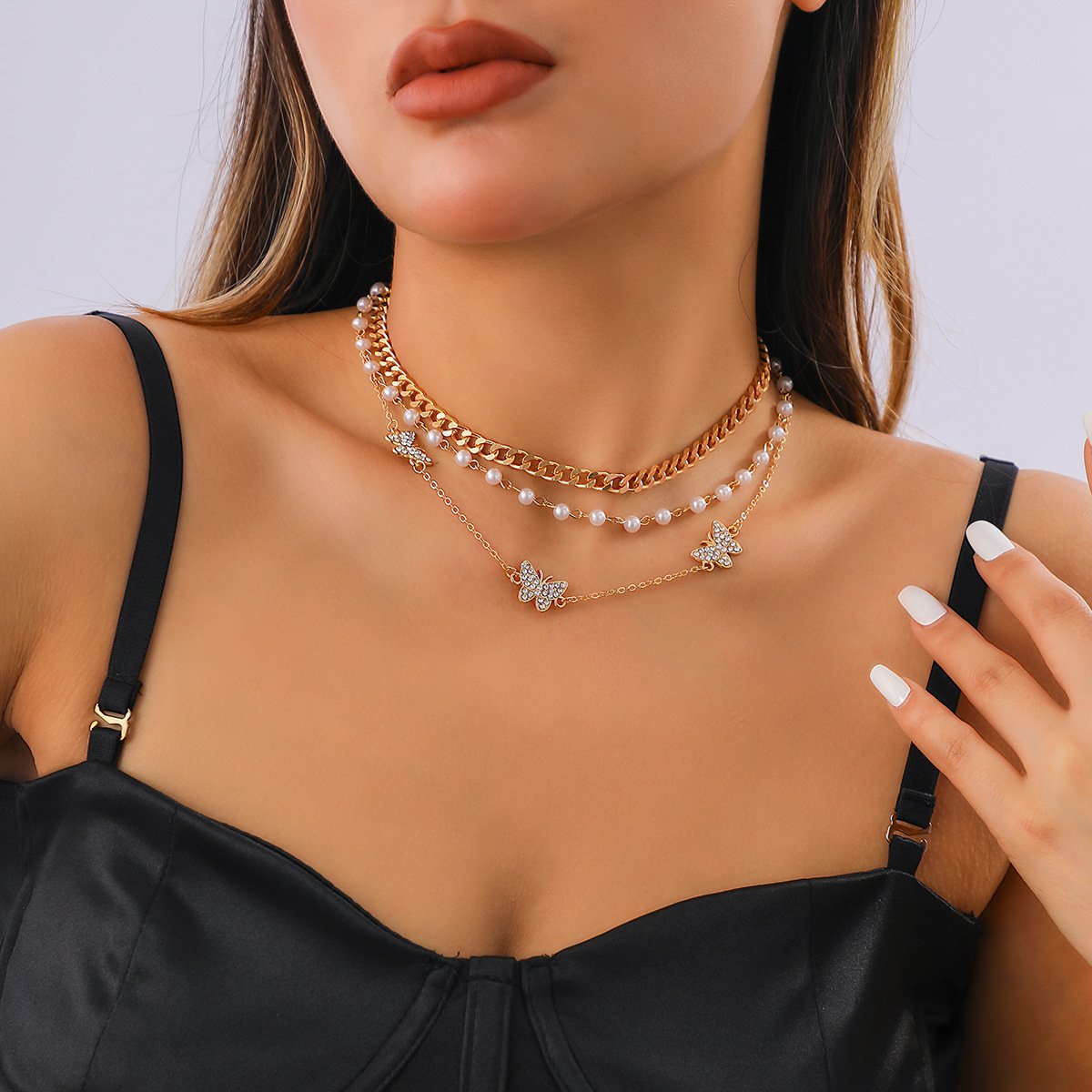 Jewelry Imitation Pearl Chain Mix and Match Stacked Necklace Temperament Full of Diamond Small Butterfly Multi-Layer Necklace Female