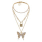 Jewelry Retro Geometric Lock Shape Simple Chain Multilayer Necklace Big Butterfly Micro-inlaid Set