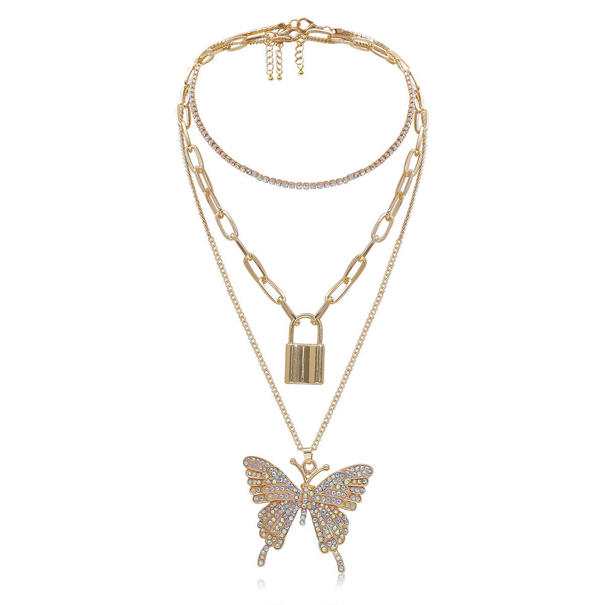Jewelry Retro Geometric Lock Shape Simple Chain Multilayer Necklace Big Butterfly Micro-inlaid Set