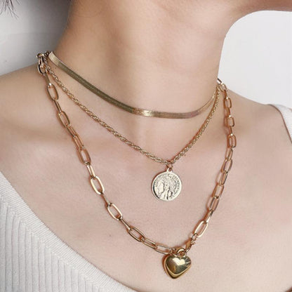 Necklace Retro Temperament Portrait Round Card Necklace Female Simple Peach Heart Metal Chain Three Layers Necklace