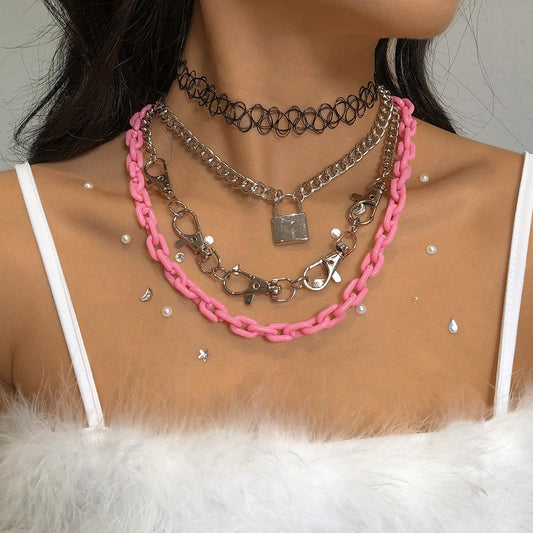 N9677 Trendy Cool Personality Exaggerated Necklace Fashion Lace Lobster Buckle Necklace Resin Geometric Multilayer Necklace