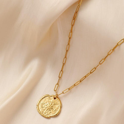 Versatile Stainless Steel Gold Round Coin Vintage Compass Necklace Original Design Female