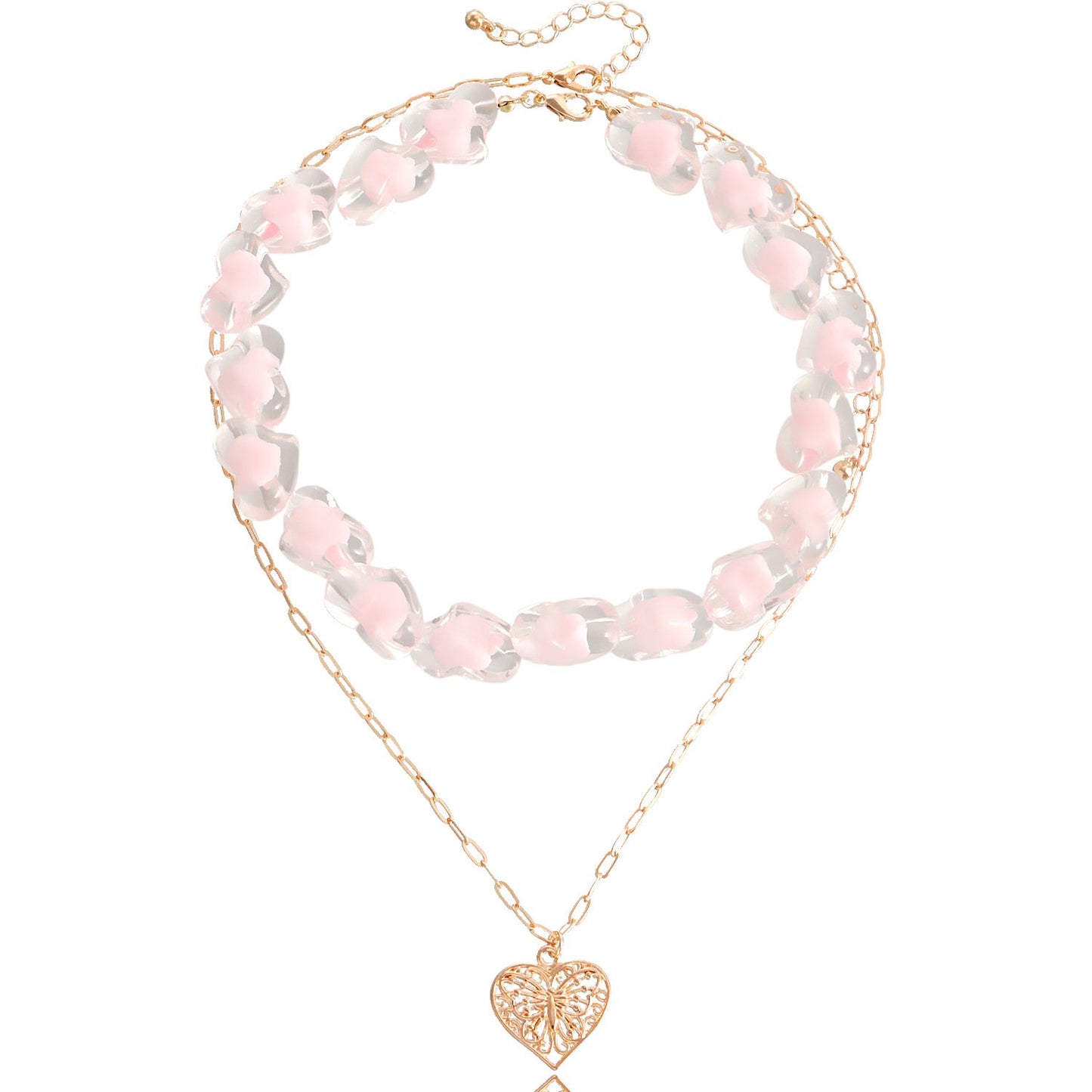 Jewelry ins double-layer pink love beaded necklace female niche design light luxury clavicle chain