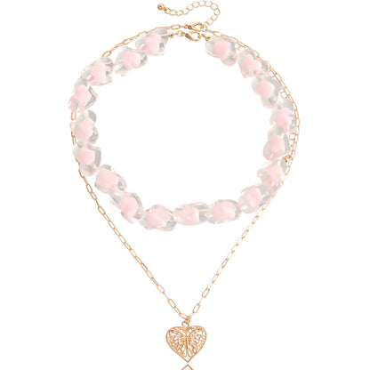 Jewelry ins double-layer pink love beaded necklace female niche design light luxury clavicle chain