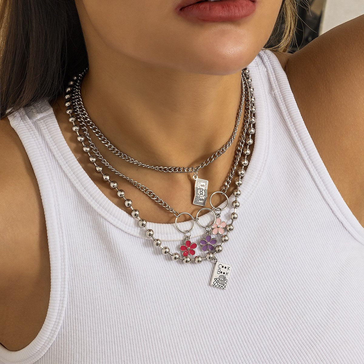 Jewelry sweet cool drop oil flower pendant necklace hip-hop metal ball chain tag necklace