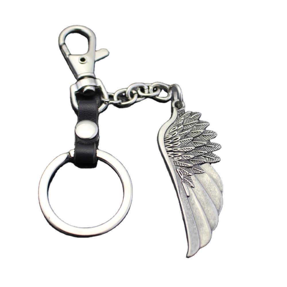 High-quality brushed retro alloy angel wings pendant leather key chain clothing accessories car key ring