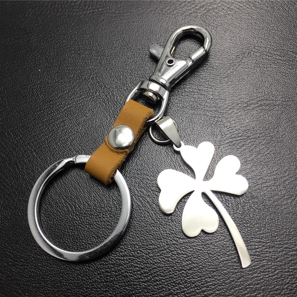 Four Leaf Lucky Flower Titanium Steel Pendant Leather Keychain Pendant Accessories