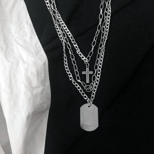 Necklace multi-layer cross necklace net red dark black men and women couple hip-hop tag three-piece accessories