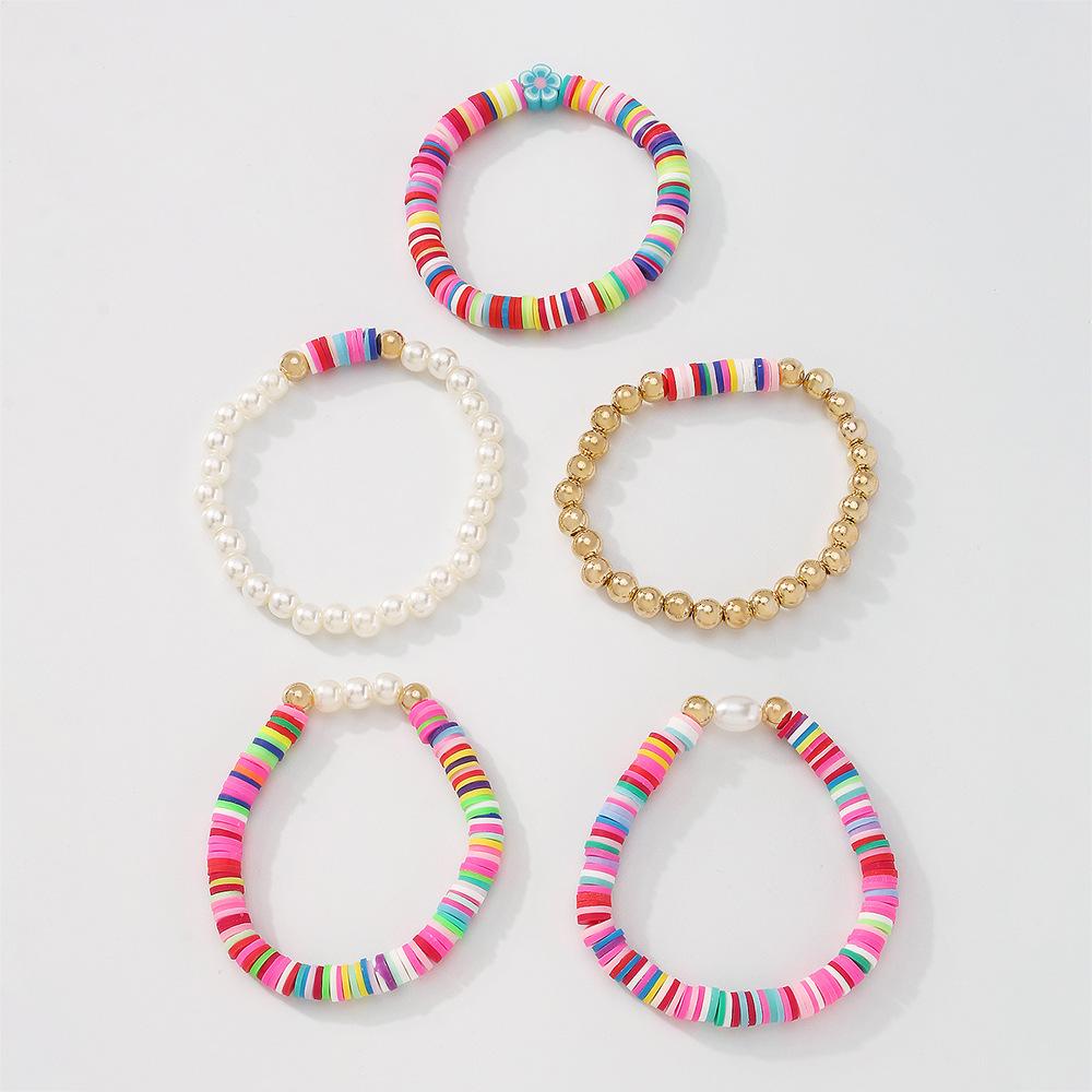 B1398 Bohemia Ethnic Soft Pottery Bracelet Retro Simple Fashion Pearl Jewelry 5-Piece Set for Women