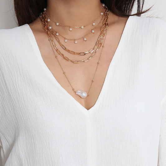 Ornaments simple special-shaped imitation pearl chain necklace temperament round bead tassel multi-layer geometric necklace