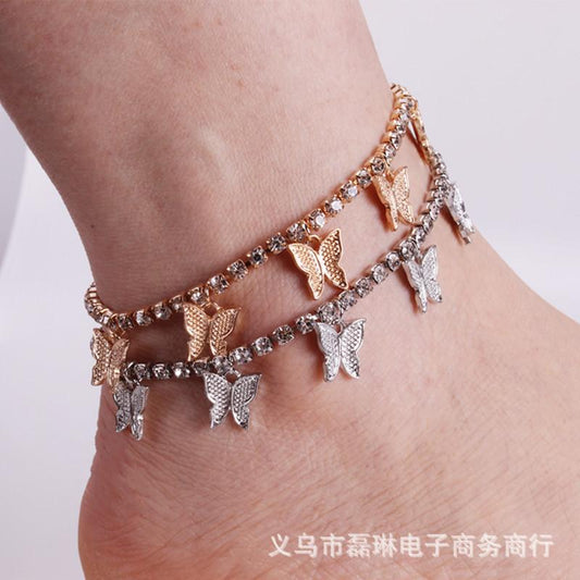 Creative Rhinestone Small Butterfly Pendant Anklet Women's Popular Butterfly Element Shiny Diamond Foot Ornament