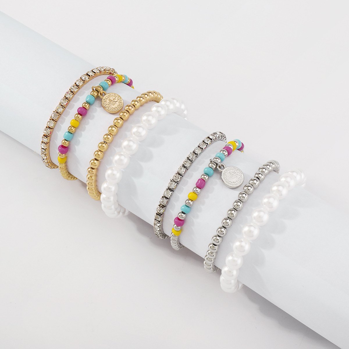 B1723 Bohemia Beaded Bracelet Imitation Pearl Claw Chain Fashion Bracelet Set Small Disc Geometric Jewelry