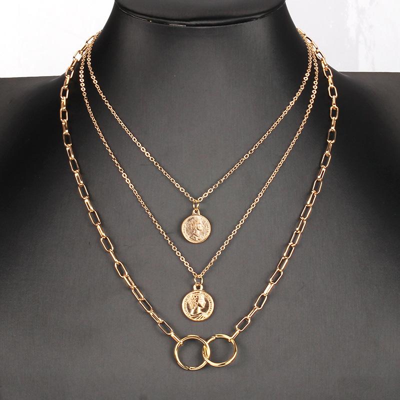 Decorated with multi-layered ring pendant necklace female ins cold beauty head pendant clavicle chain