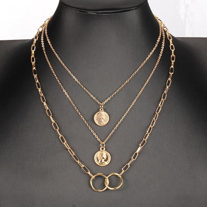 Decorated with multi-layered ring pendant necklace female ins cold beauty head pendant clavicle chain