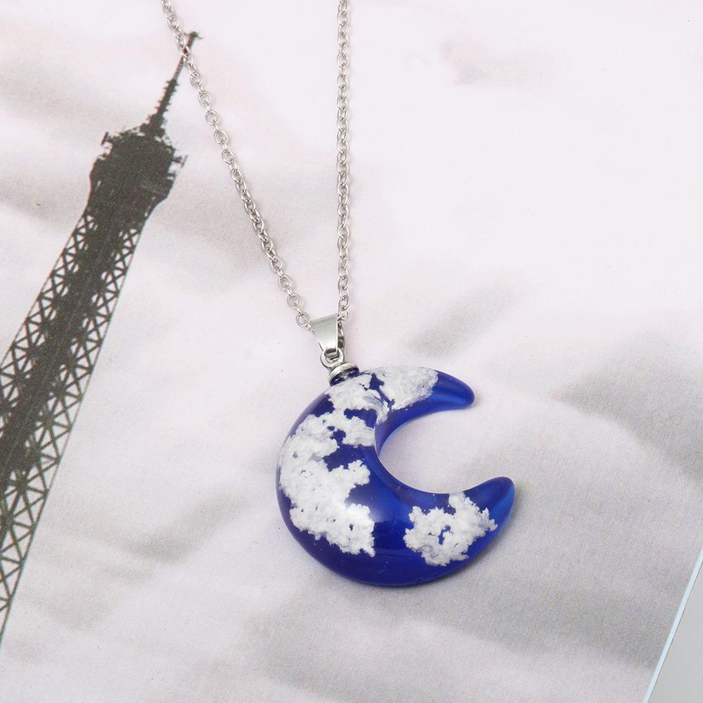 ETSY creative fashion handmade jewelry blue sky white cloud forest transparent blue moon resin pendant necklace