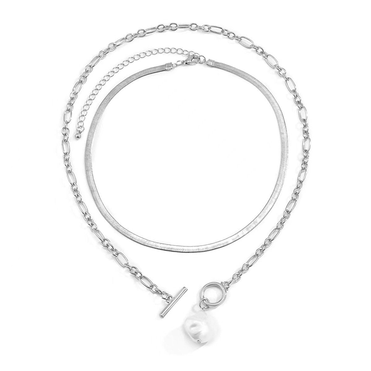 Fashion Hip Hop OT Buckle Flat Snake Bone Necklace Jewelry Baroque Shaped Imitation Pearl Necklace Female