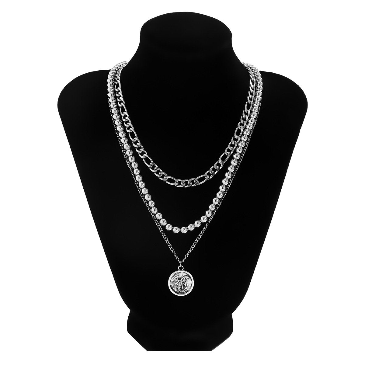 Accessories Hollow Metal Embossed Chain Necklace Sweet Cool Punk Multilayer Bead Portrait Necklace Female