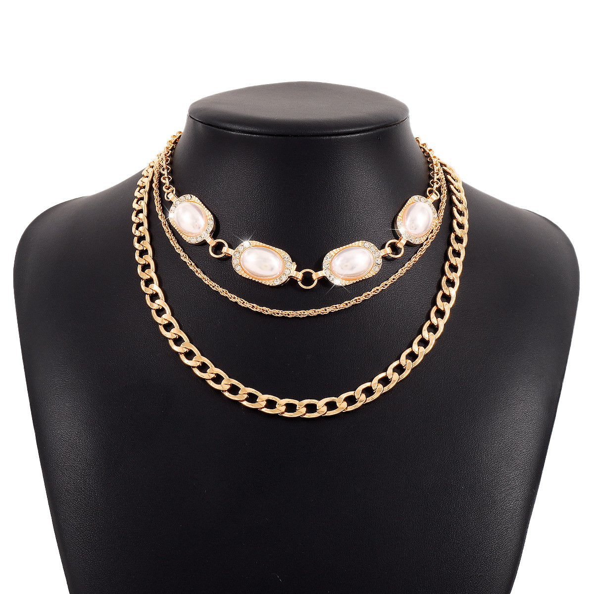 N182 jewelry personalized multi-layer twist Cuban chain imitation pearl necklace temperament geometric necklace