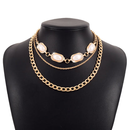 N182 jewelry personalized multi-layer twist Cuban chain imitation pearl necklace temperament geometric necklace