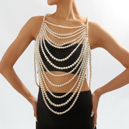 C429 Exaggerated Heavy Industry Geometric Pearl Body Chain Personality Retro Creative Trendy Irregular Chest Jewelry
