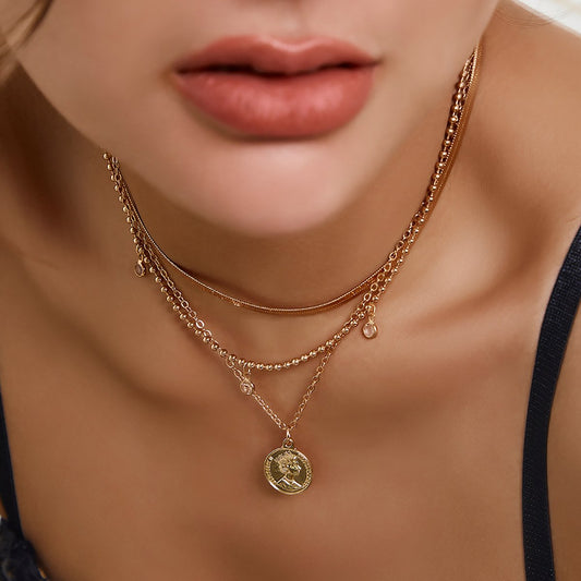 Jewelry Simple Round Bead Snake Bone Chain Necklace Retro Portrait Multi-layer Embossed Imitation Crystal Necklace