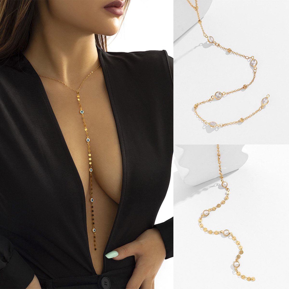 Jewelry Sexy Long Tassel Eye Sequin Necklace Simple Imitation Pearl Single Layer Y Shape Necklace
