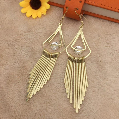 Big water drop clip diamond earrings women's long dot pattern metal strip tassel earrings minority popular jewelry