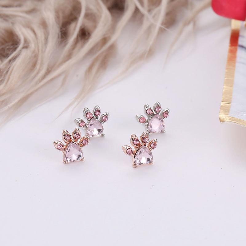 Cartoon cute animal footprints cat paw earrings pink crystal zircon cat paw print cat earrings