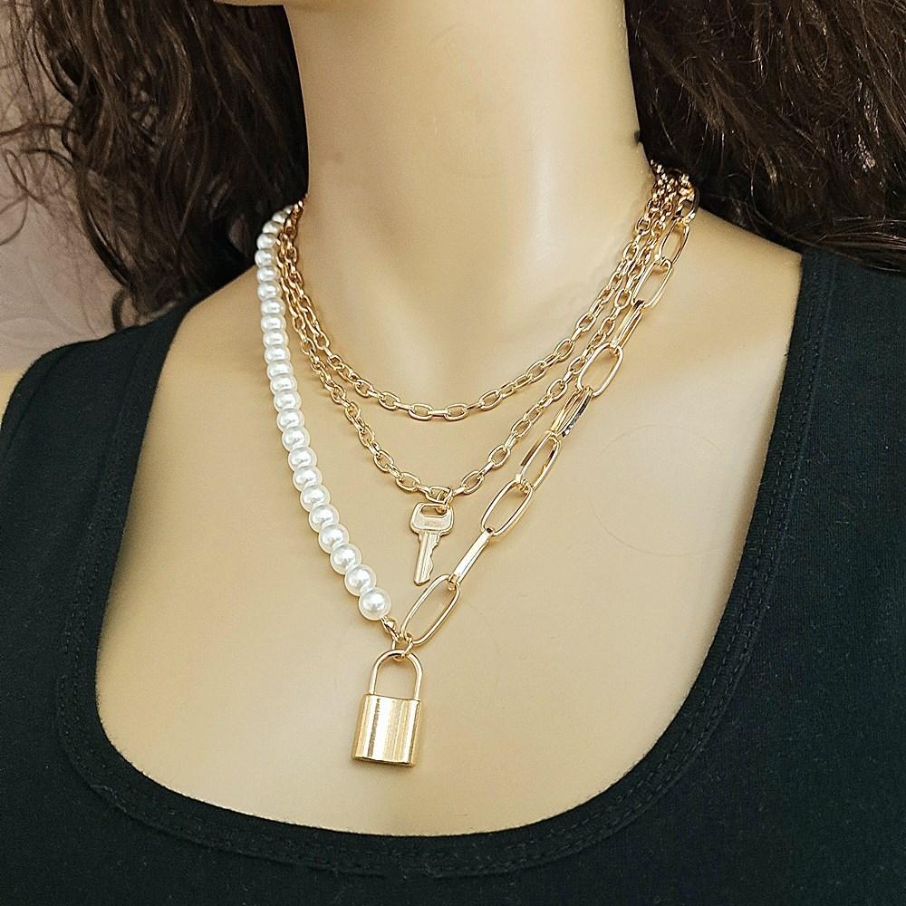 Jewelry multi-layer pearl thick chain necklace female retro lock two-piece chain