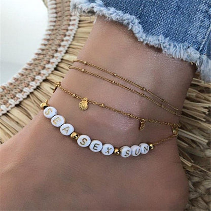 Fashion English letter alloy shell anklet bohemian retro multi-layer anklet