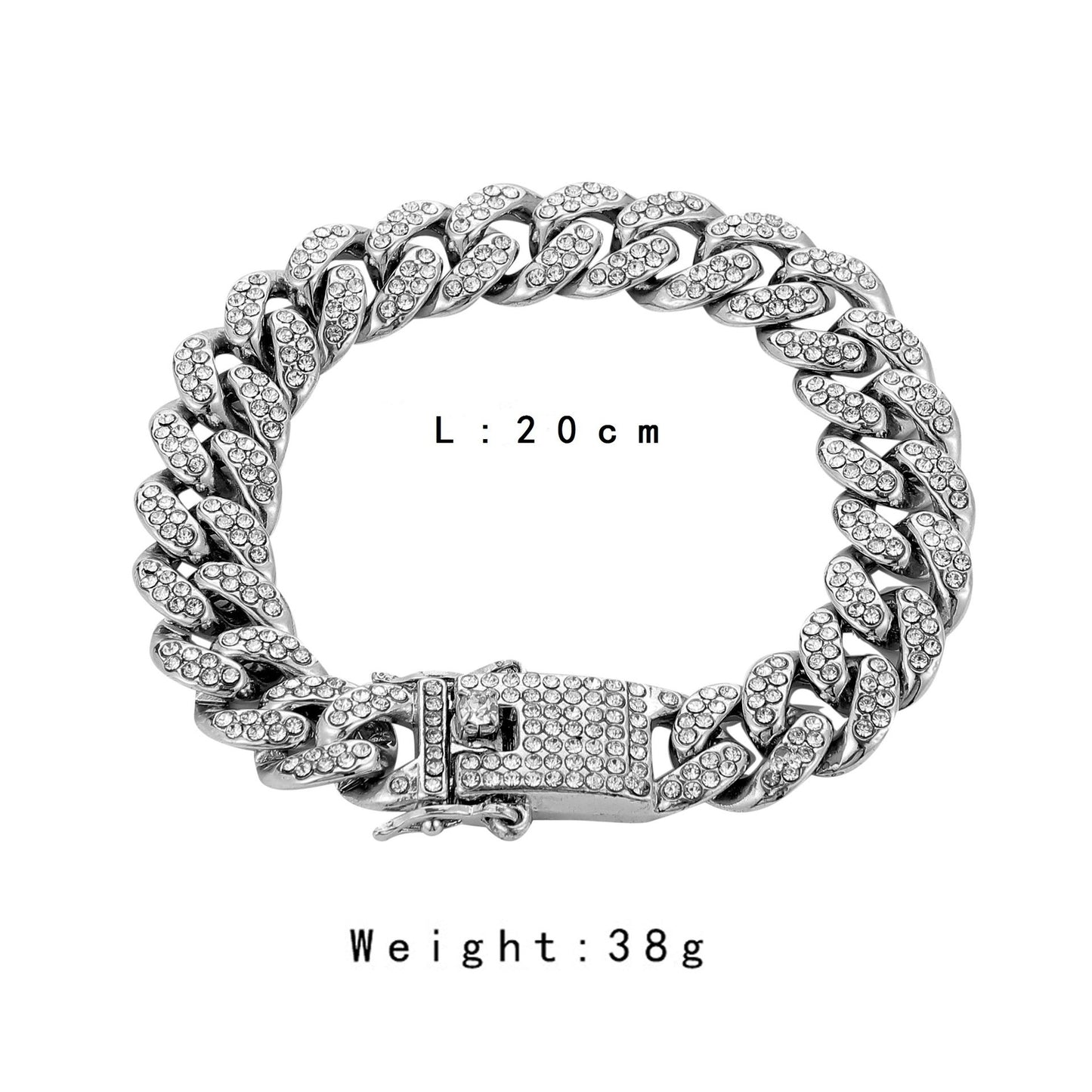 Hip-hop trend full of diamonds Cuban chain men's bracelet exaggerated personality Cuban chain necklace jewelry male