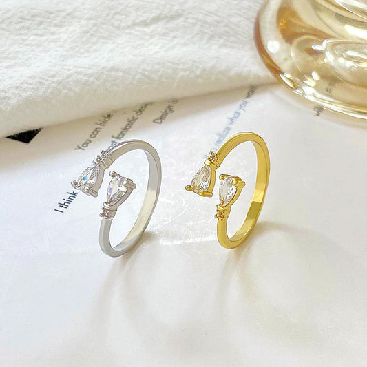 ins simple water drop zircon open ring fashion light luxury niche design crystal bow index finger ring