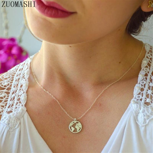Stainless Steel World Map Necklace Geometric Round Hollow World Map Clavicle Chain Stainless Steel Jewelry