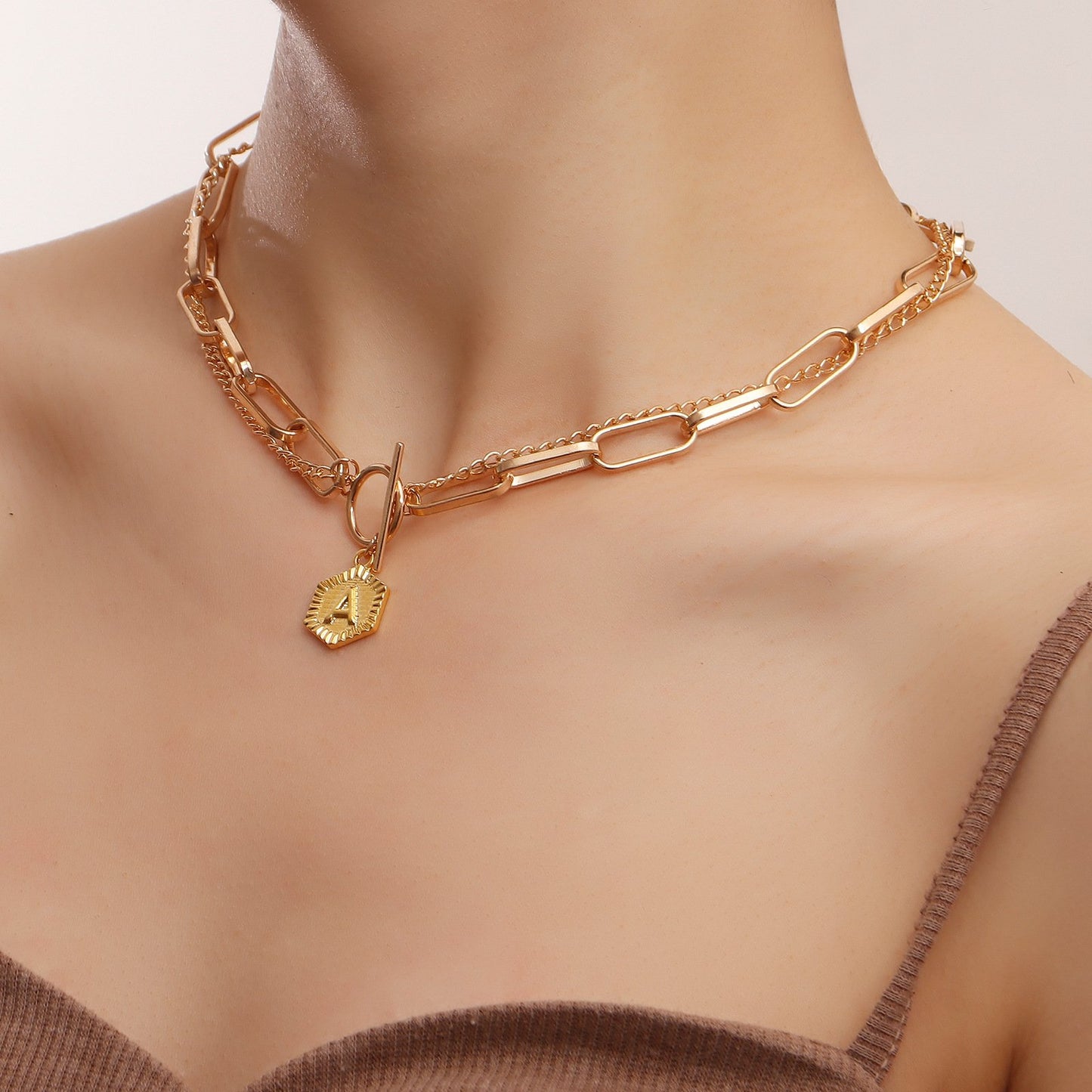 Necklace Explosive Accessories Exaggerated Punk Metal Cuban Chain Necklace Light Luxury Letter A Double Necklace Female