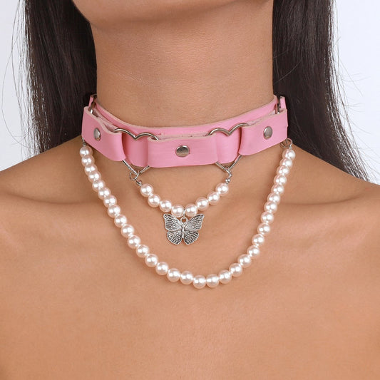 N1776 Exaggerated Leather Fashion Necklace Imitation Pearl Butterfly Girl Heart Pink Street Shot Necklace