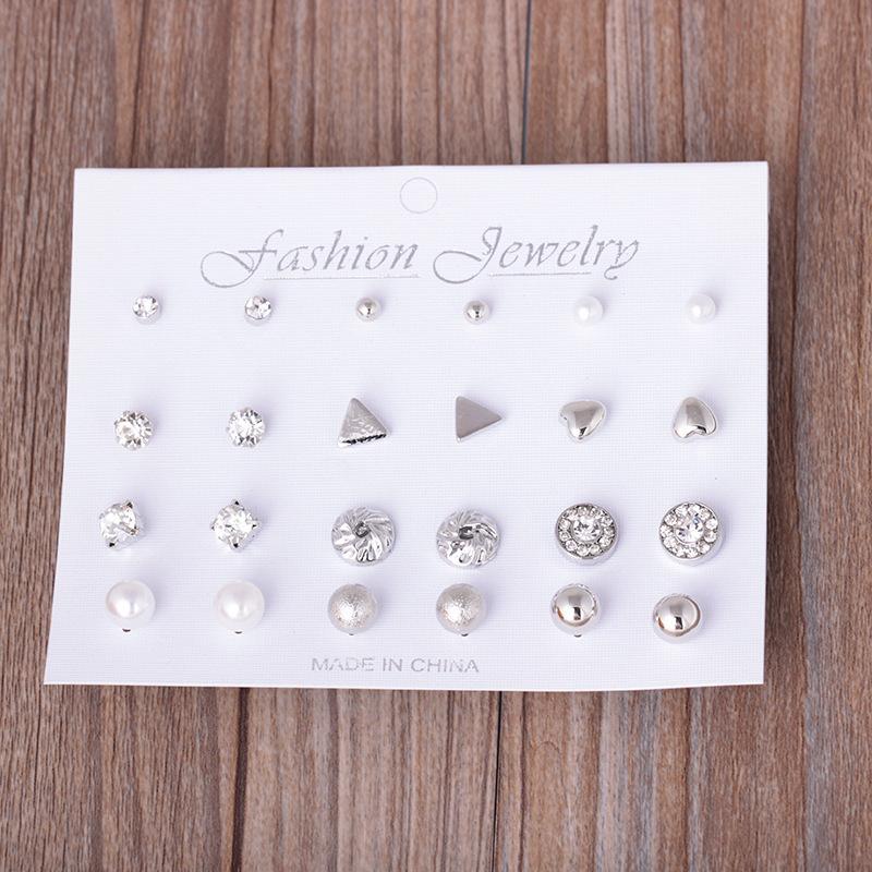 Triangular love pearl multi-pair small earring combination set popular jewelry ball earrings