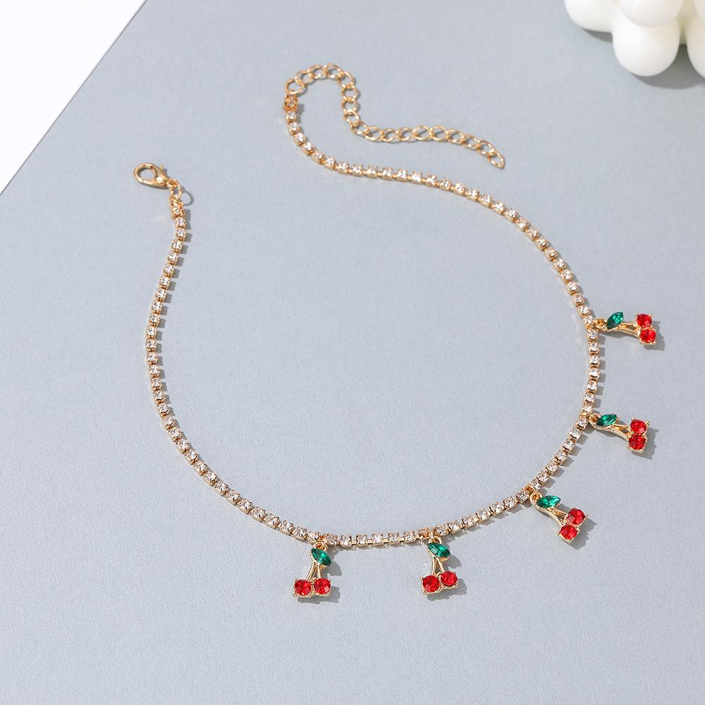 Rhinestone Cherry Necklace Hip Hop Tennis Chain Cherry Pendant Necklace Small Fresh Single Row Micro-studded Diamond Necklace