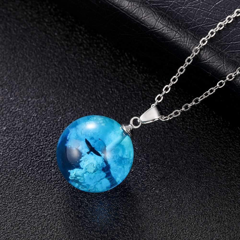 Creative Handmade Jewelry Blue Sky White Cloud Eagle Transparent Spherical Resin Pendant Short Necklace ETSY