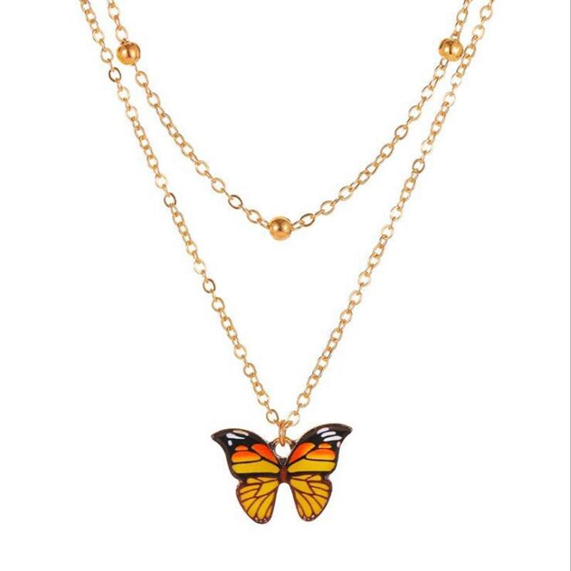 Double Bead Chain Colorful Butterfly Necklace Dreamy Butterfly Clavicle Chain Trendy Women's Jewelry Short Chain