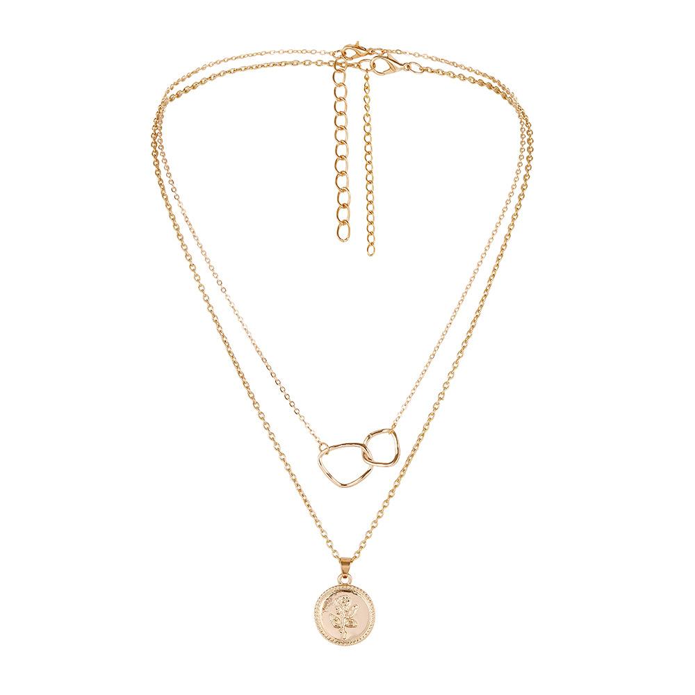 Trendy fashion simple ladies design double rose coin irregular circle necklace