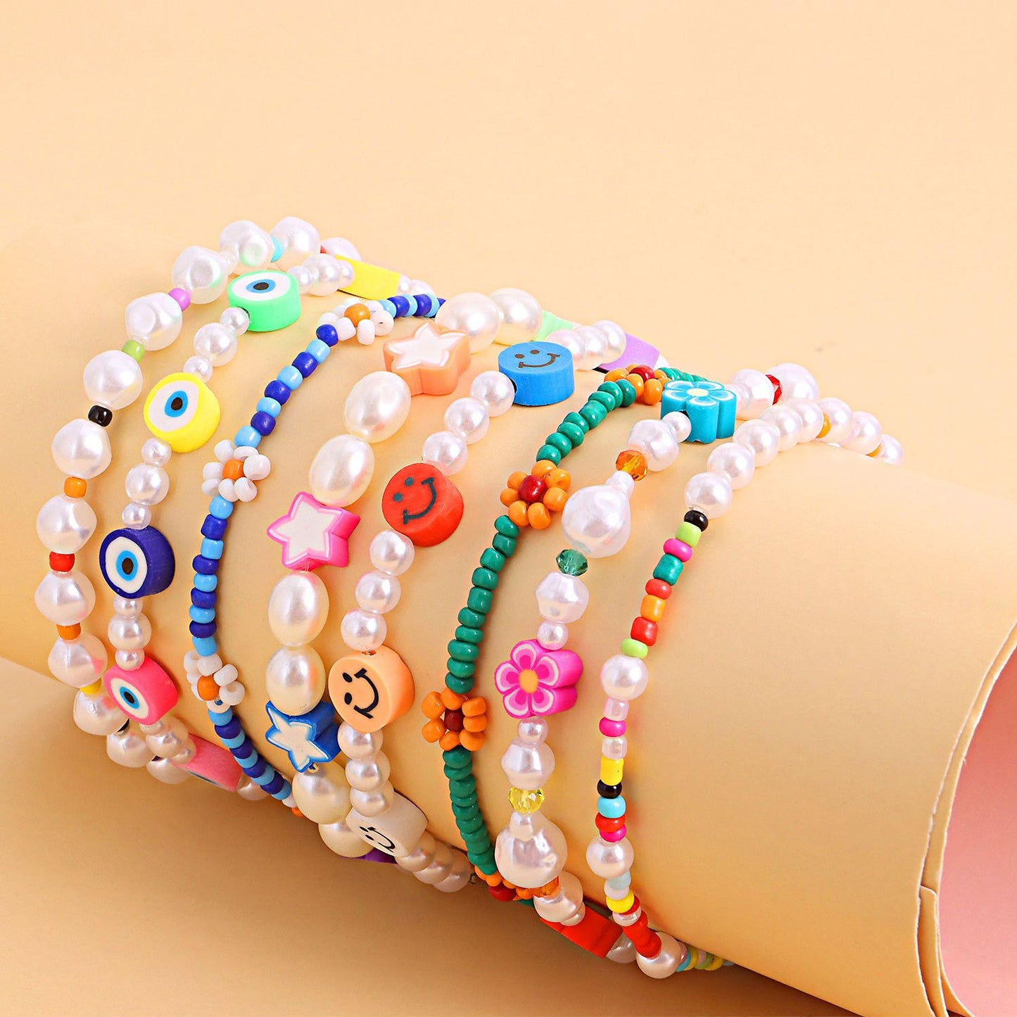 Jewelry popular pearl anklet female trend soft pottery eyes smiling face rice bead foot decoration set