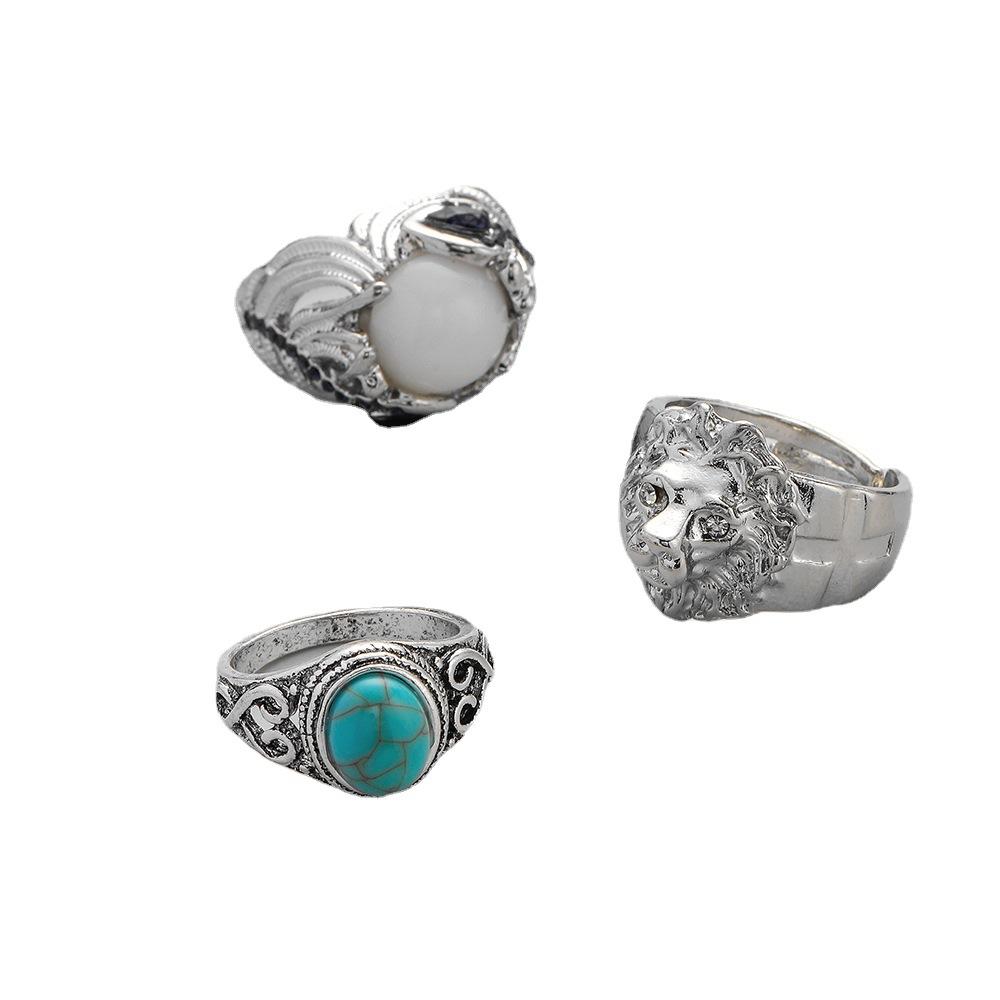 Fashion retro trend personality men's alloy exaggerated lion turquoise peacock feather ring set