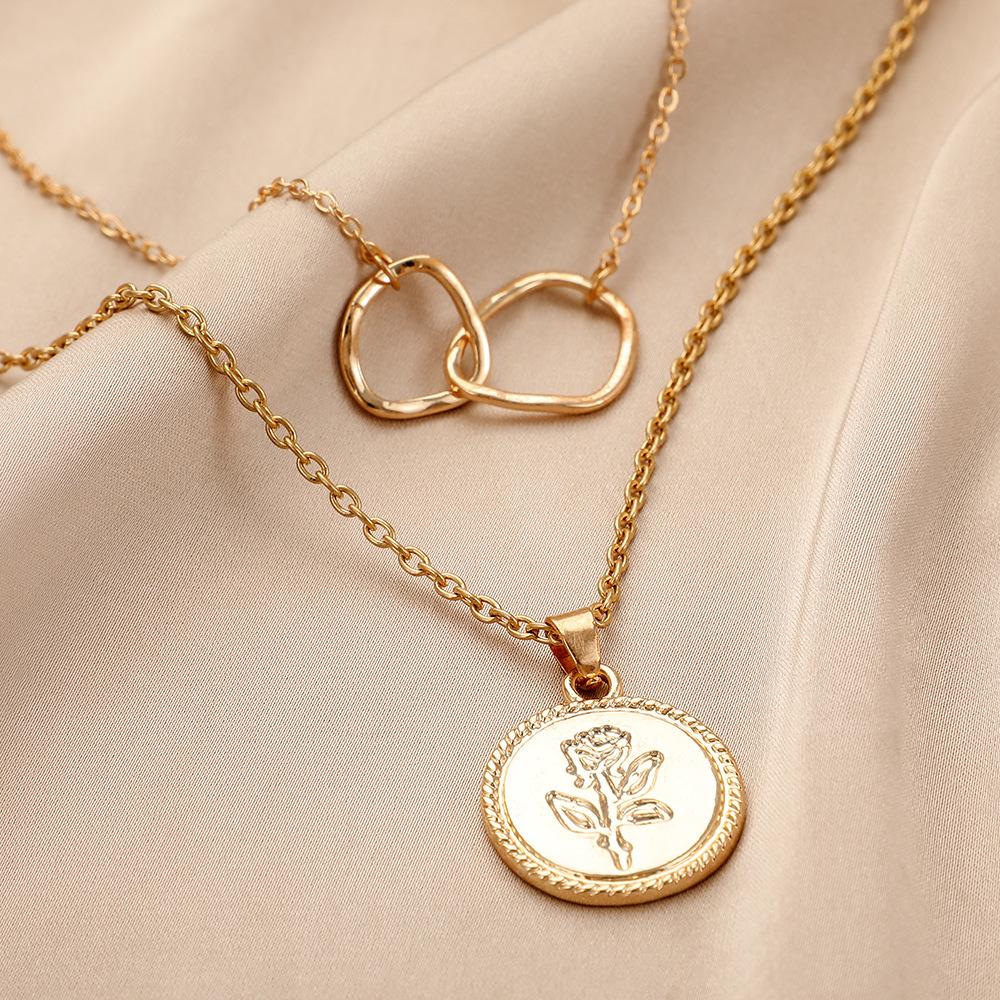 Trendy fashion simple ladies design double rose coin irregular circle necklace