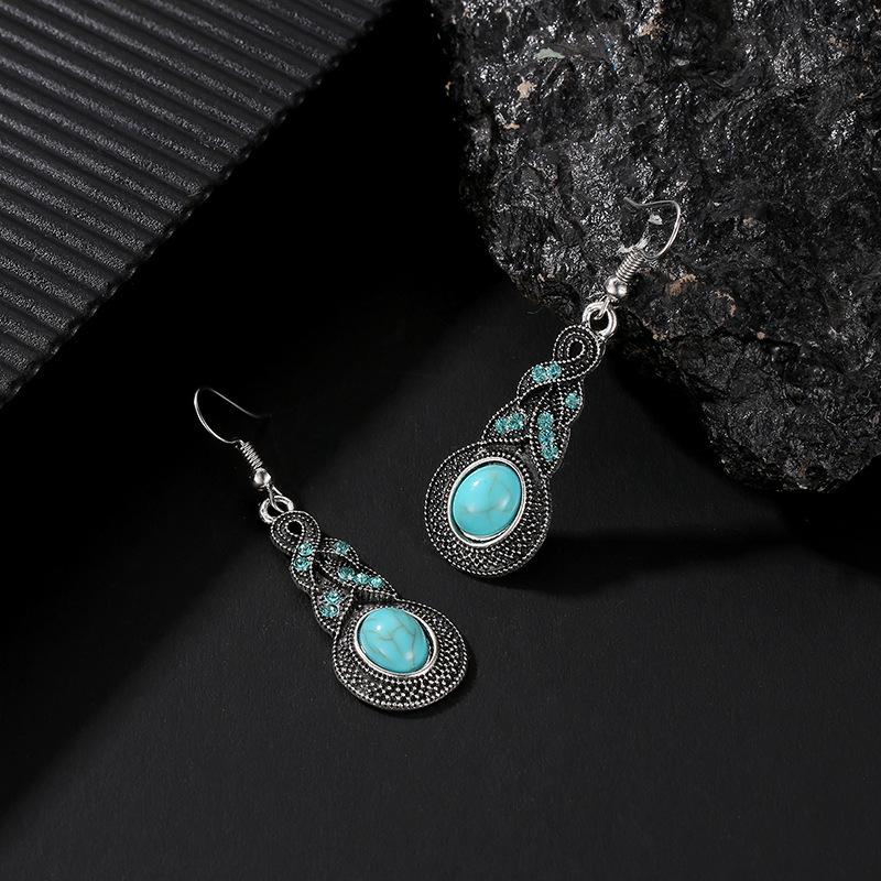 Trendy Vintage Pattern Blue Crystal Embellished Turquoise Drop Earrings Boho Statement Earrings