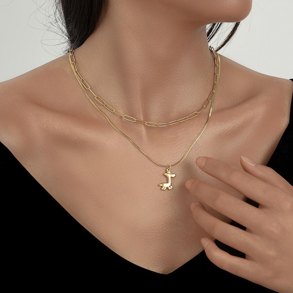 Ins fashion stainless steel balloon dog double-layer pendant titanium steel trend super cool Mori collarbone necklace female