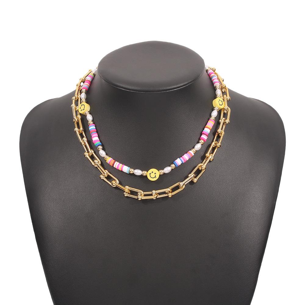 N9664 Geometric Color Necklace Women's U-shaped Chain Smiley Soft Pottery Necklace Creative Temperament Hollow Necklace