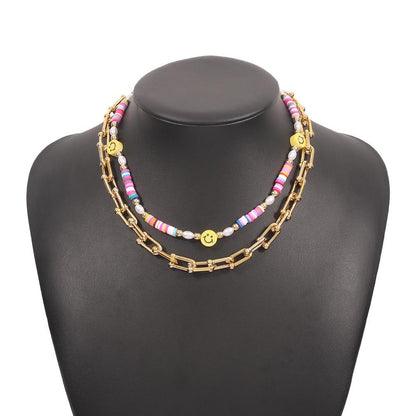 N9664 Geometric Color Necklace Women's U-shaped Chain Smiley Soft Pottery Necklace Creative Temperament Hollow Necklace